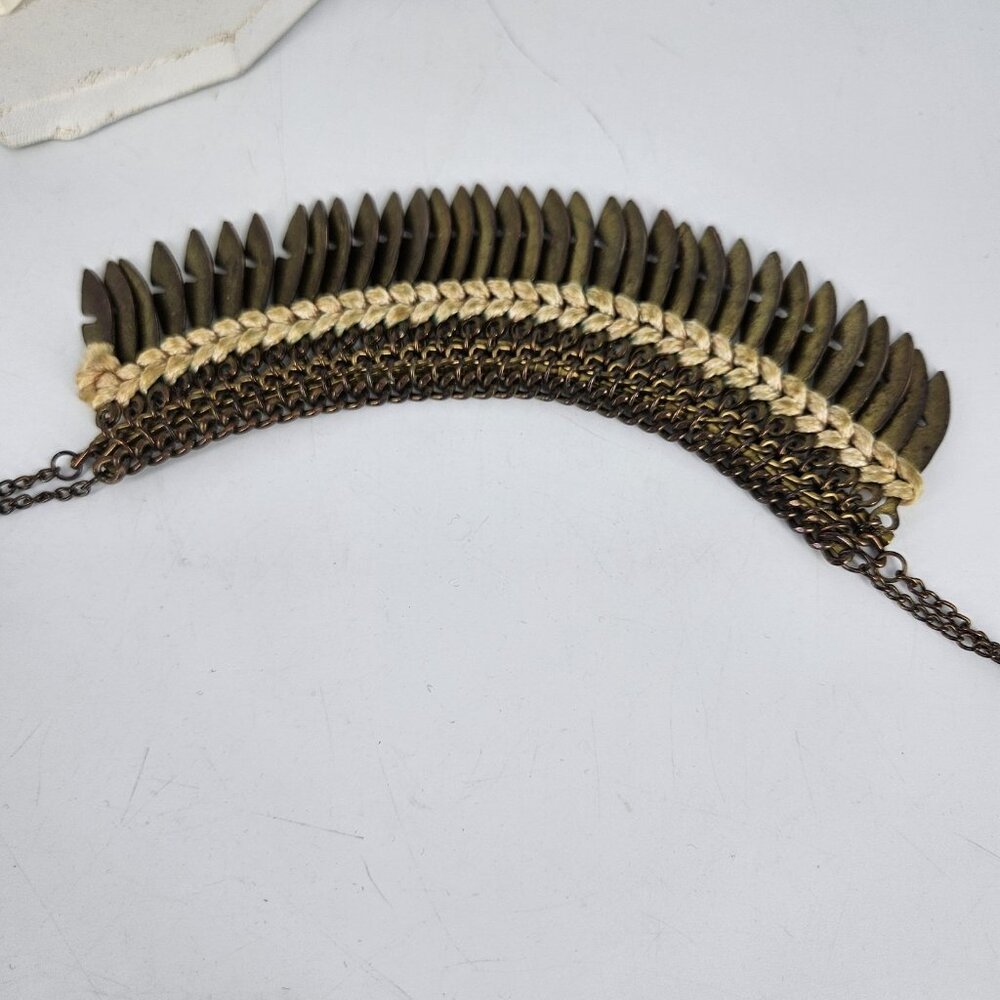 Bib Necklace Gold Tone Boho Statement Feather Fringe Rhinestone 16" Braided Cord - Picture 7 of 10